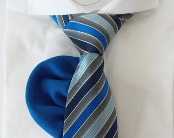 Blue Necktie for Wedding Blue Striped Tie for Groom Blue and Silver Tie with a Pocket Square Set for Groomsmen Gift Blue Silk Tie I LiKol