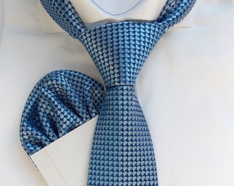 Baby Blue Men's Tie, Bowtie and Pocket Square Set for Weddings, Tie for Prom, Stylish Necktie Gift Set, Blue Square Pattern Necktie | LiKol