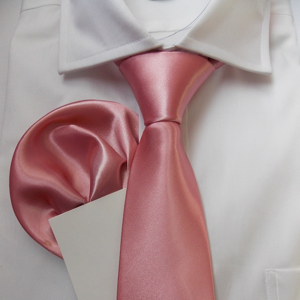 Ballet Pink Tie, Bowtie and Pocket Square Set for Weddings, Blush Men's Necktie, Pink Satin Tie, Tie for Prom, Solid Pink Tie Set | LiKol
