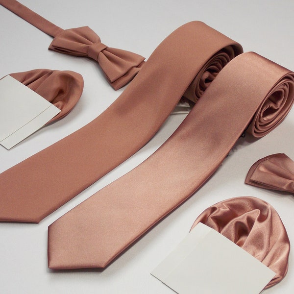 Copper Tie, Bowtie and Pocket Square Set for Weddings, Brandy Rose Men's Necktie, Copper Satin Tie, Dusty Rose Bowtie for Men| LiKol