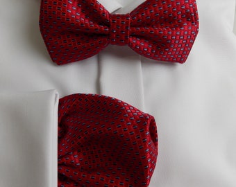 Red Men's Bow Tie & Pocket Square Set for Weddings, Gift For Him Boyfriend, Red Prom BowTie, Geometric BowTie | LiKol