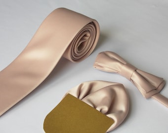Blush Satin Wedding Tie Set, Groomsmen Necktie Bowtie Pocket Square