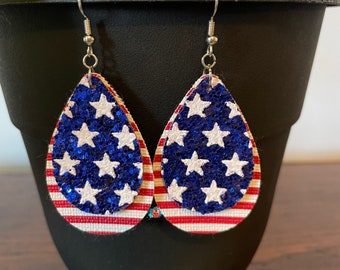 Patriotic Faux Leather Earrings, Fourth of July Earrings, Independence Day Earrings, Red White & Blue Earrings, Patriotic Jewelry, Earrings