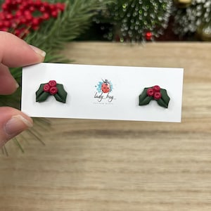 Holly Berry Christmas Stud Earrings | Festive Polymer Clay Holiday Jewelry | Handmade Christmas Gift for Her | Cute Holiday Earrings