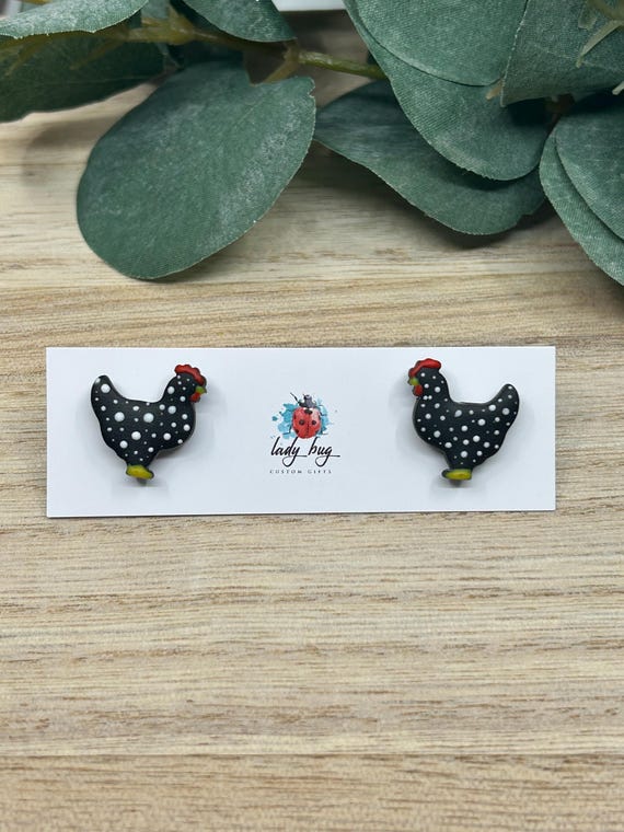 Spotted Hen Polymer Clay Earrings Handmade Farm Jewelry