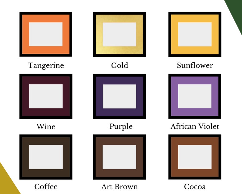 K&ouml;nnte beinhalten: Ein Raster aus neun rechteckigen Bilderrahmen mit schwarzen R&auml;ndern und farbigen Passepartouts in Tangerine, Gold, Sonnenblume, Weinrot, Lila, Afrikanisches Veilchen, Kaffee, Kunstbraun und Kakao, jeweils mit dem Farbnamen darunter beschriftet.