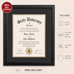 May include: A black diploma frame featuring a black mat and a cream-coloured document with black text reading State University of Yucatan. The frame includes acrylic glass, acid-free foam backing, acid-free tape, and a wire for hanging hardware.