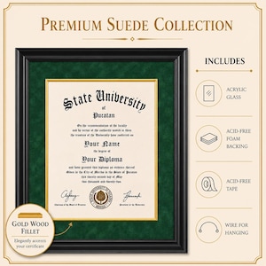 Black Reverse Top Deluxe Certificate Frame with Suede Mat + Gold Wood Fillet || Custom Size University Frame for Degrees and Diplomas