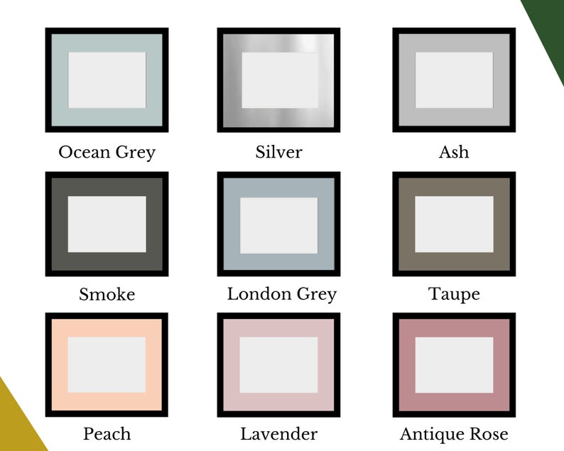 K&ouml;nnte beinhalten: Ein Raster aus neun rechteckigen Bilderrahmen mit wei&szlig;em Passepartout, jeweils beschriftet mit den Farbnamen: Ocean Grey, Silver, Ash, Smoke, London Grey, Taupe, Peach, Lavender und Antique Rose. Jeder Rahmen hat einen schwarzen Rand.