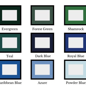 K&ouml;nnte beinhalten: Ein Raster aus neun rechteckigen Rahmen mit hellgrauen Zentren und dicken schwarzen R&auml;ndern. Jeder Rahmen weist einen einzigartigen farbigen Rand auf: Evergreen, Forest Green, Shamrock, Teal, Dark Blue, Royal Blue, Caribbean Blue, Azure und Powder Blue.