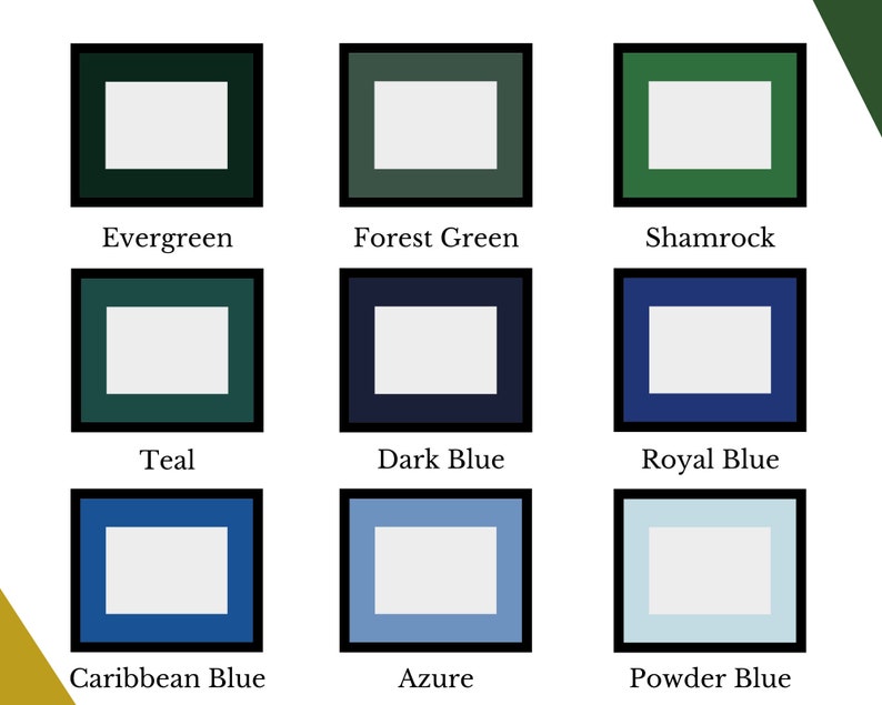 K&ouml;nnte beinhalten: Ein Raster aus neun rechteckigen Rahmen mit hellgrauen Zentren und dicken schwarzen R&auml;ndern. Jeder Rahmen weist einen einzigartigen farbigen Rand auf: Evergreen, Forest Green, Shamrock, Teal, Dark Blue, Royal Blue, Caribbean Blue, Azure und Powder Blue.
