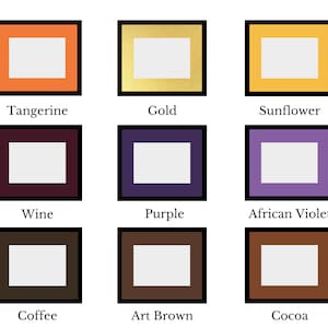 May include: A grid of nine rectangular picture frames with black borders and colored mats in shades of tangerine, gold, sunflower, wine, purple, African violet, coffee, art brown, and cocoa, each labeled with its respective color name below.