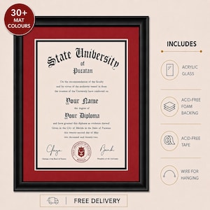May include: A black rectangular diploma frame featuring a deep red mount surrounding a cream-coloured document. The document displays the text State University of Pucatan, Your Name, and Your Diploma, with a circular seal and two signatures.