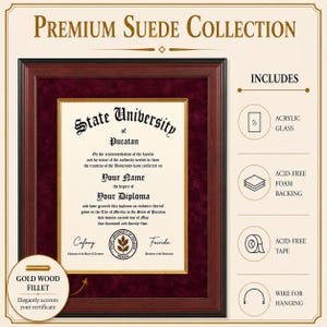 Mahogany Radius Step Deluxe Certificate Frame with Suede Mat + Gold Wood Fillet || Custom Size University Frame for Degrees and Diplomas