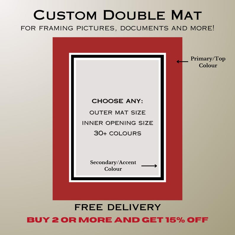 May include: A custom double mat for framing pictures and documents. The design features a red primary top mat and a secondary accent mat layer. Text on the image reads: CUSTOM DOUBLE MAT, FOR FRAMING PICTURES, DOCUMENTS AND MORE!, CHOOSE ANY: OUTER MAT SIZE, INNER OPENING SIZE, 30+ COLOURS.