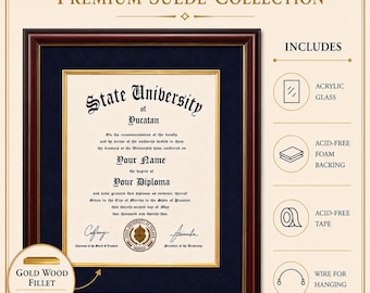 Mahogany and Gold Deluxe Certificate Frame with Suede Mat + Gold Wood Fillet || Custom Size University Frame for Degrees and Diplomas