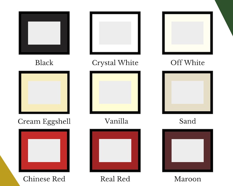 K&ouml;nnte beinhalten: Ein Raster aus neun rechteckigen Passepartouts mit mittigen Ausschnitten. Die Farben umfassen Schwarz, Kristallwei&szlig;, Cremewei&szlig;, Eierschalencreme, Vanille, Sand, Chinesischrot, Echtrot und Kastanienbraun. Jedes Passepartout ist mit seinem Namen beschriftet.