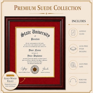 Mahogany Reverse Top Deluxe Certificate Frame with Suede Mat + Gold Wood Fillet || Custom Size University Frame for Degrees and Diplomas