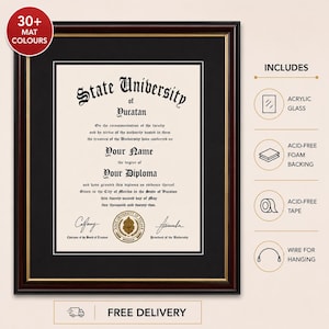 May include: A dark wood diploma frame with a black mat and gold inner trim, displaying a State University of Yucatan certificate. The set includes acrylic glass, acid-free foam backing, acid-free tape, and hanging wire, with 30+ mat color options.