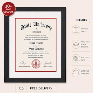May include: A black diploma frame containing a document from State University of Yucatan with red matting. The frame includes acrylic glass, acid-free foam backing, acid-free tape, and wire for hanging. The text displays the university name and date.