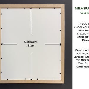K&ouml;nnte beinhalten: Ein heller Holzbilderrahmen von der R&uuml;ckseite mit wei&szlig;em Passepartout. Pfeile zeigen die Gr&ouml;&szlig;e an. Der Text lautet: MEASURING GUIDE. IF YOU DON'T KNOW YOUR FRAME SIZE PLEASE MEASURE THE BACK OF YOUR FRAME. SUBTRACT 1/8 OF AN INCH FROM LENGTH.