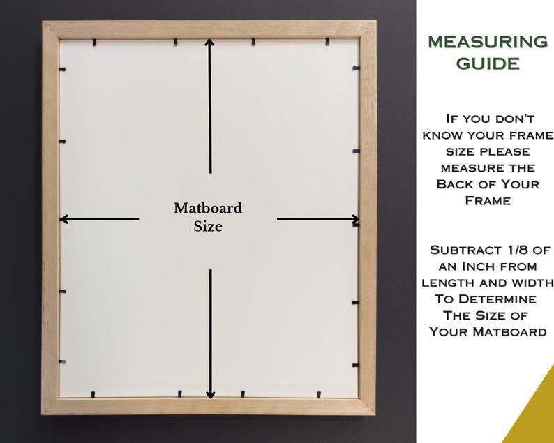 K&ouml;nnte beinhalten: Ein heller Holzbilderrahmen von der R&uuml;ckseite mit wei&szlig;em Passepartout. Pfeile zeigen die Gr&ouml;&szlig;e an. Der Text lautet: MEASURING GUIDE. IF YOU DON'T KNOW YOUR FRAME SIZE PLEASE MEASURE THE BACK OF YOUR FRAME. SUBTRACT 1/8 OF AN INCH FROM LENGTH.