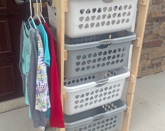 Laundry basket tower with clothes hanger
