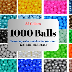 Könnte beinhalten: Eine Auswahl von 35 Farben an 7 cm großen Plastikbällen, angeordnet in einem Raster. Der Text "35 Farben" und "1000 Bälle" wird in einem roten Kasten angezeigt. Der Text "Wählen Sie eine beliebige Farbkombination aus!" und "2.76" (7cm) Plastikbälle" wird unter dem roten Kasten angezeigt.