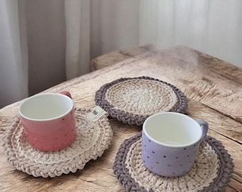 Minimal Cotton Crochet Coaster | Modern Round Drink Coaster | Mug Mats with Optional Cork Backing