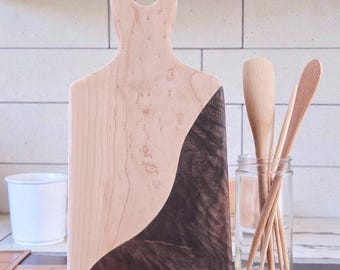 Personal size Organic Charcuterie Board ~  Small Chopping Paddle with handle, Birds Eye Maple & Black Walnut