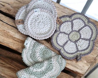Neutral Kitchen Linens Set - Handmade Crochet Hot Pad, Dish Cloths & Coasters from The Quiet Kitchen Series
