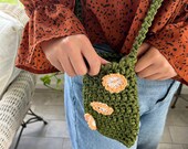 Green Cross Body Purse. Crochet cell phone bag with 22 quot strap. Hand Crocheted in Recycled fibers. Great gift young women, Ready to ship.