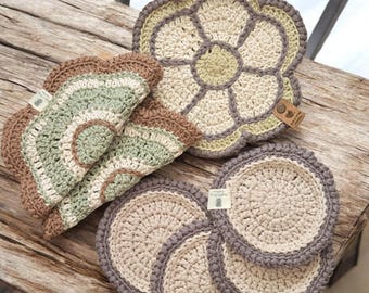 Neutral Kitchen Linens Set - Handmade Crochet Hot Pad, Dish Cloths & Coasters from The Quiet Kitchen Series
