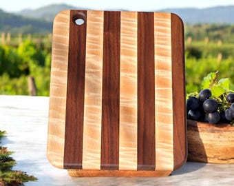 Handcrafted Black Walnut & Curly Maple Charcuterie Board with Thumb hole, Organic Serving Board