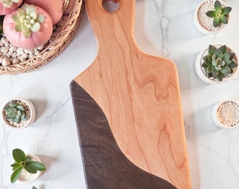 Cherry & Black Walnut Serving Paddle with handle, Personal size Organic Charcuterie Board