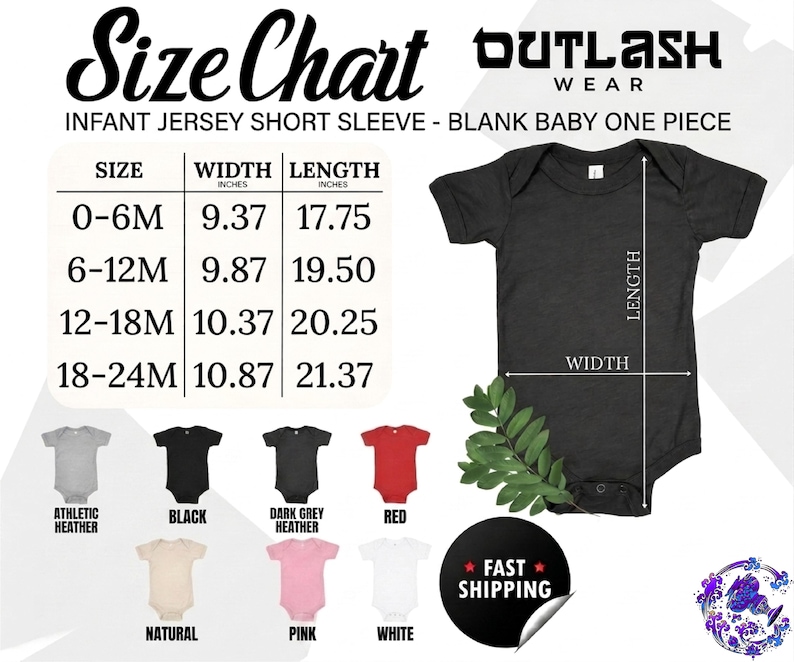 The image is a size chart for an infant jersey short sleeve, with various sizes listed and corresponding measurements provided.