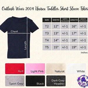 The image is a collage of a black short sleeve t-shirt, a size chart, and color swatches for different styles of the 2004 unisex toddler short sleeve t-shirt.