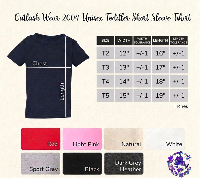 The image is a collage of a black short sleeve t-shirt, a size chart, and color swatches for different styles of the 2004 unisex toddler short sleeve t-shirt.