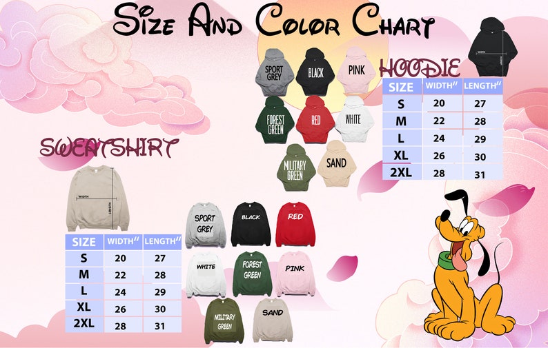 the size and color chart for winnie the pooh hoodie