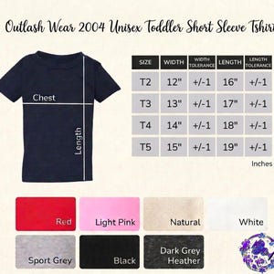 The image is a collage of a black short sleeve t-shirt, a size chart, and color swatches for different styles of the 2004 unisex toddler short sleeve t-shirt.
