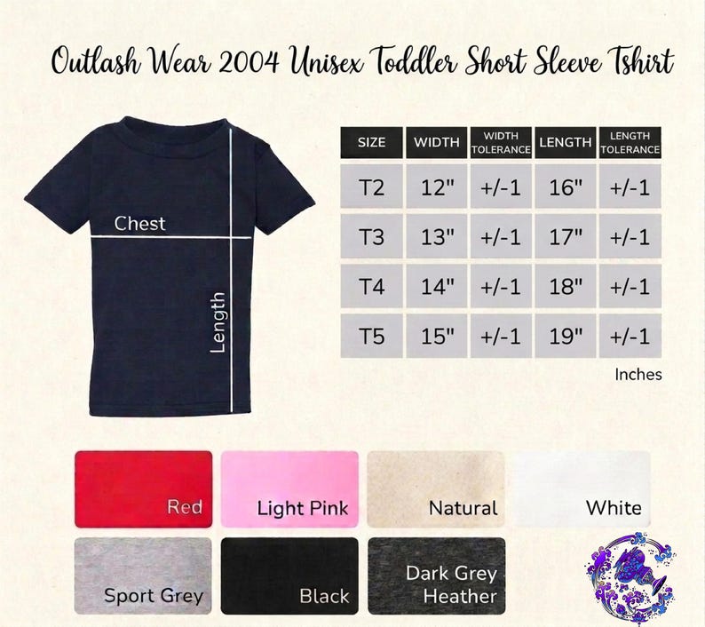 The image is a collage of a black short sleeve t-shirt, a size chart, and color swatches for different styles of the 2004 unisex toddler short sleeve t-shirt.