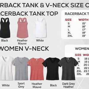 The image is a size chart for a racetrack tank top and v-neck, featuring various styles in different colors and sizes.