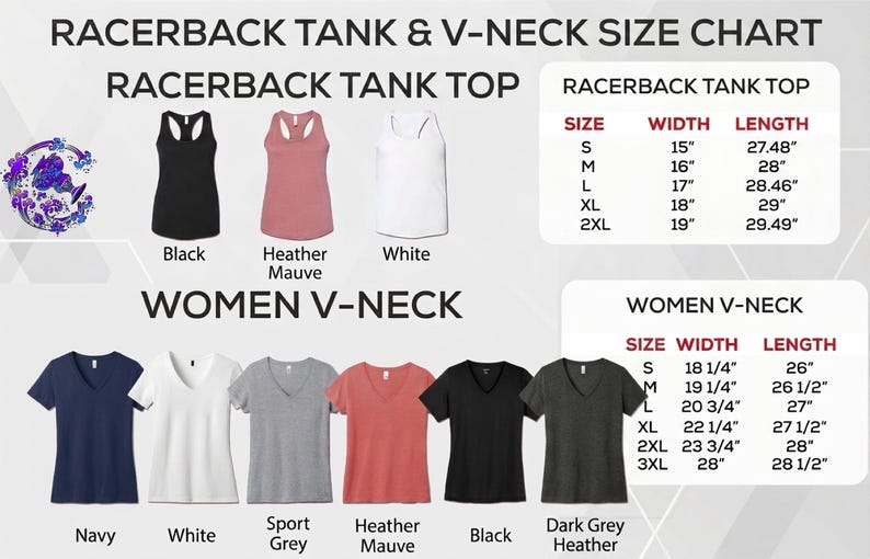 The image is a size chart for a racetrack tank top and v-neck, featuring various styles in different colors and sizes.