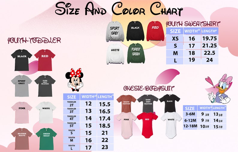 the size and color chart for a mickey mouse shirt