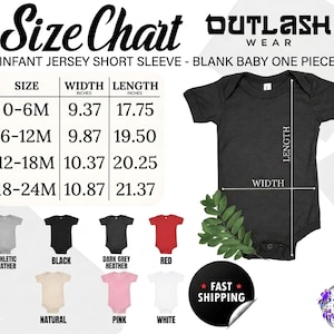 The image is a size chart for an infant jersey short sleeve, with various sizes listed and corresponding measurements provided.