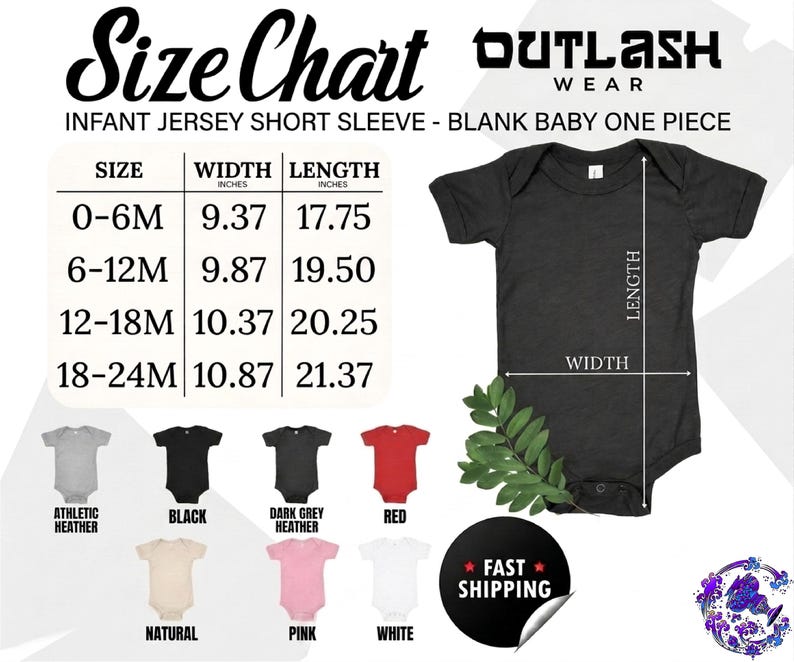 The image is a size chart for an infant jersey short sleeve, with various sizes listed and corresponding measurements provided.
