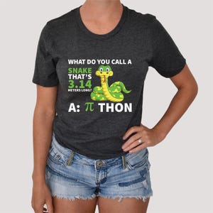May include: A dark heather gray short-sleeve t-shirt featuring a green cartoon snake graphic and white text that reads: WHAT DO YOU CALL A SNAKE THAT'S 3.14 METERS LONG? A: π THON. The shirt has a crew neckline and a standard fit.