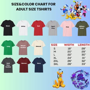 the size and color chart for adult size shirts