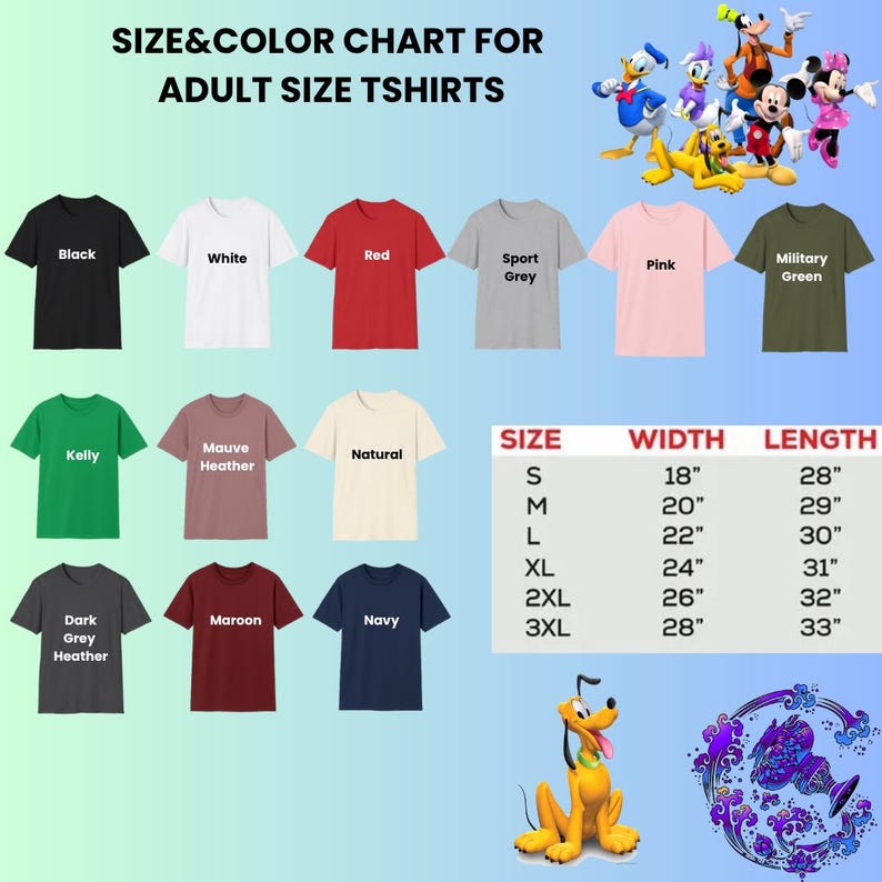 the size and color chart for adult size shirts