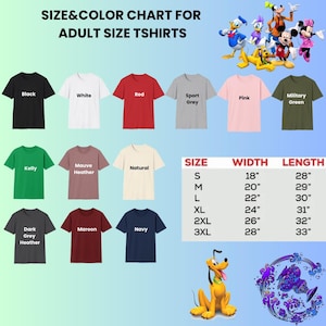 the size and color chart for adult size shirts